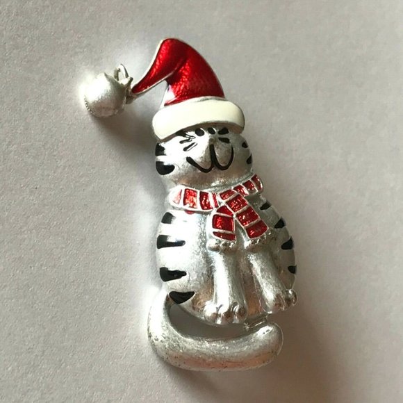 Vtg Santa Christmas Cat Brooch Pin Red Hat Scarf Bell Kitty Silver Plated Enamel - Picture 9 of 9